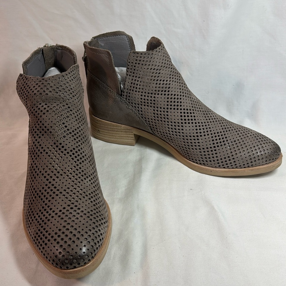 Dolce Vita taupe perforated nubuck ankle booties with heel zippers. Size 10.
